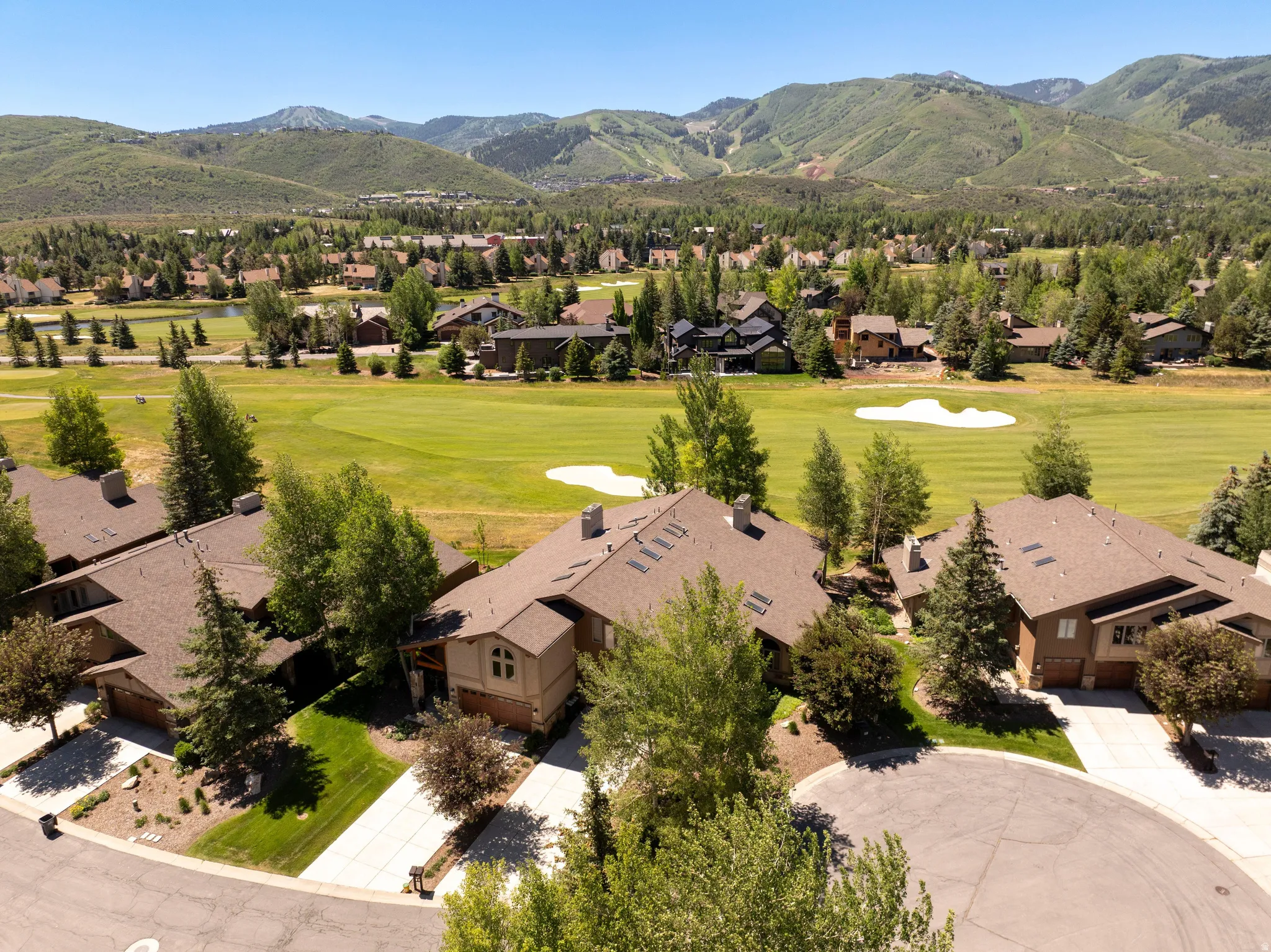 Aerial overview showcasing multiple properties with shingle roofs and mature landscaping