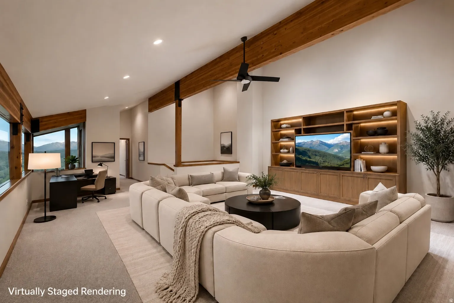 Spacious living area featuring exposed wood beams, a built-in media center with integrated lighting, and large picture windows