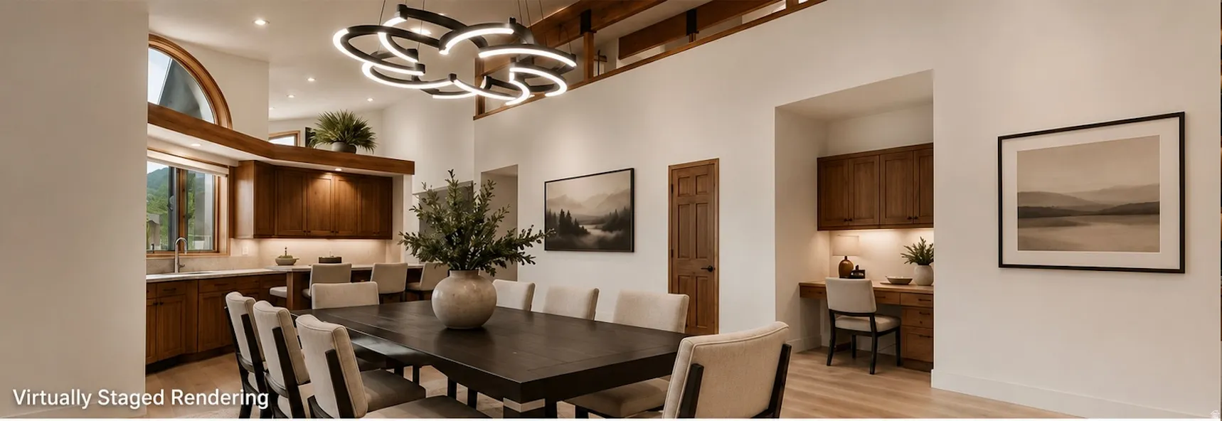Open-concept living area featuring high ceilings with exposed wooden beams, a modern multi-ring chandelier, and light wood-finish flooring