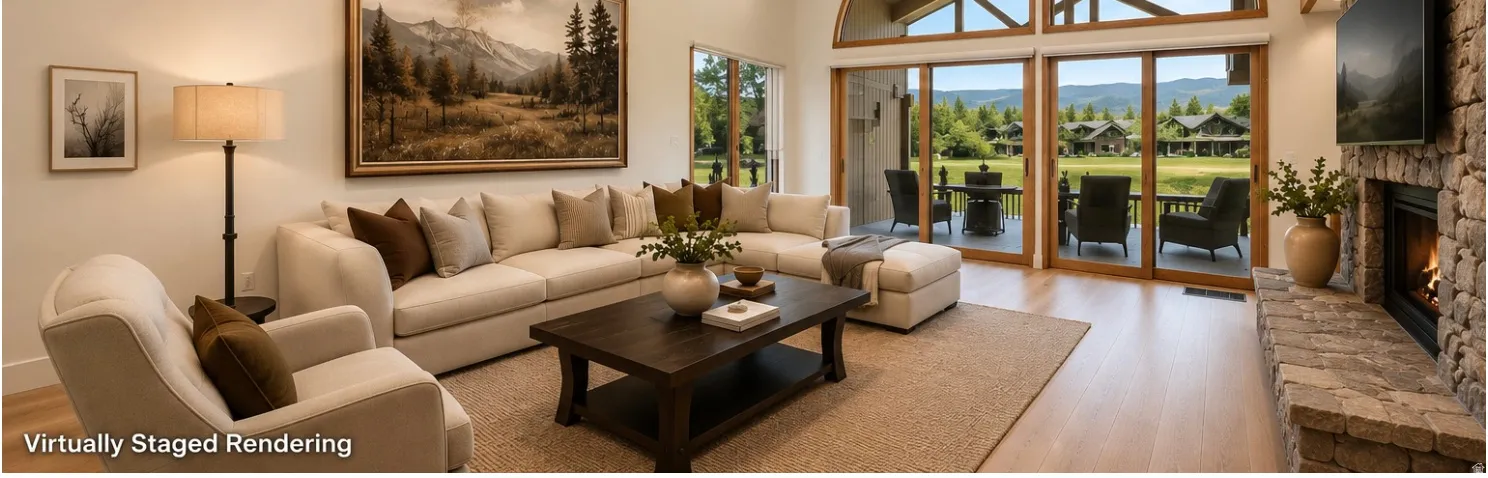 Spacious living area featuring expansive glass sliding doors, wood-finish flooring, a stone-clad fireplace with a hearth, and high ceilings with exposed wood beams