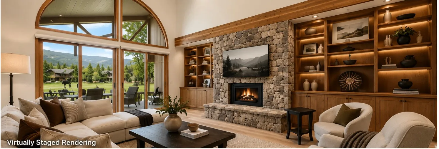 Spacious living area featuring a stone fireplace, built-in shelving with integrated lighting, expansive glass doors, and a vaulted ceiling