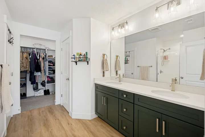 Bathroom featuring a dual vanity with dark green cabinetry, light countertops, and brushed nickel hardware