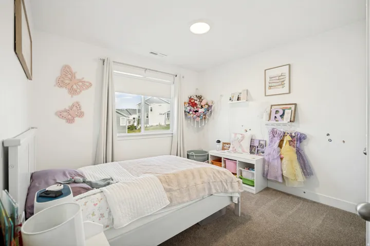 Light-filled room featuring a broad window, neutral-toned carpeting, white walls, a built-in storage unit, and a flush-mount ceiling light