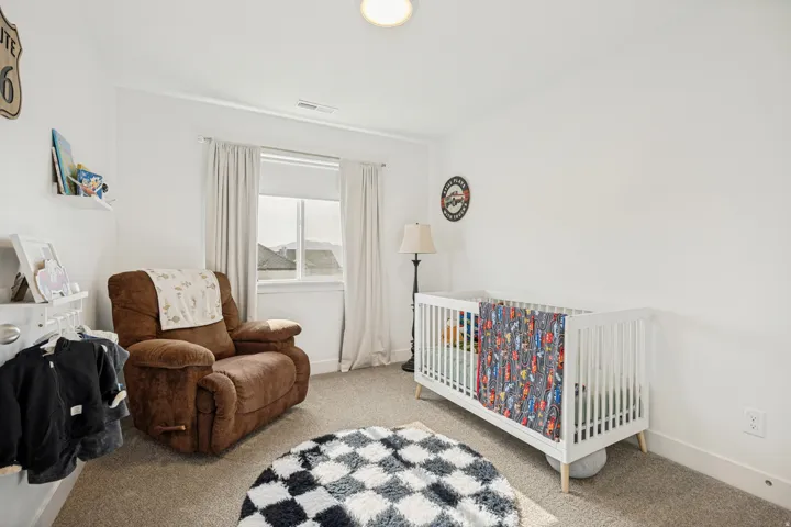 Room featuring a window with white blinds and curtains, neutral-toned carpet, and a white ceiling light fixture