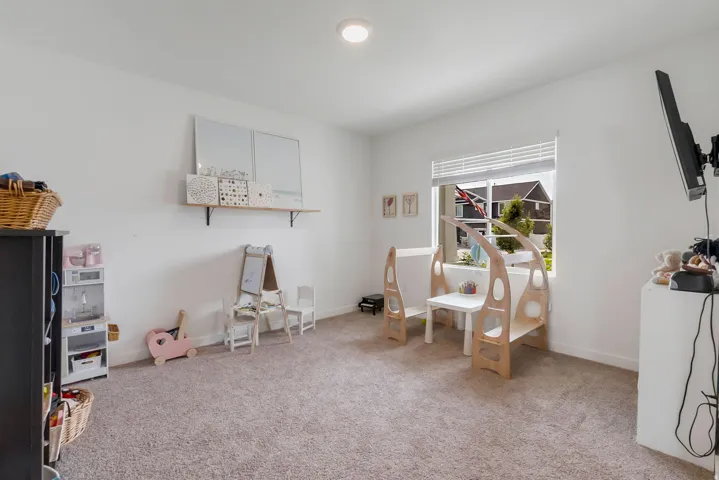Bright room featuring light-colored carpet, a large window with blinds, and a built-in wall shelf