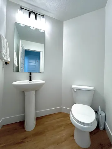 Bathroom featuring a pedestal sink, wall-mounted mirror, and wood-finish flooring