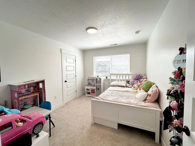 Carpeted bedroom featuring a five-panel interior door with dark hardware, a window with horizontal blinds, and a flush-mount ceiling light fixture