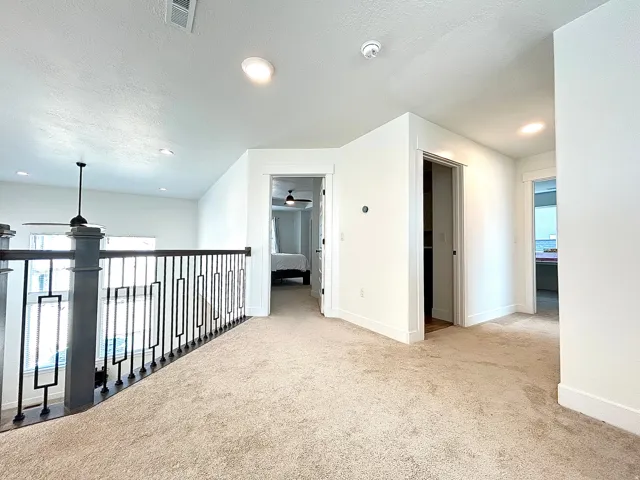 Upper-level landing featuring neutral carpet, white walls, and a dark wood and metal railing overlooking a lower space with a ceiling fan