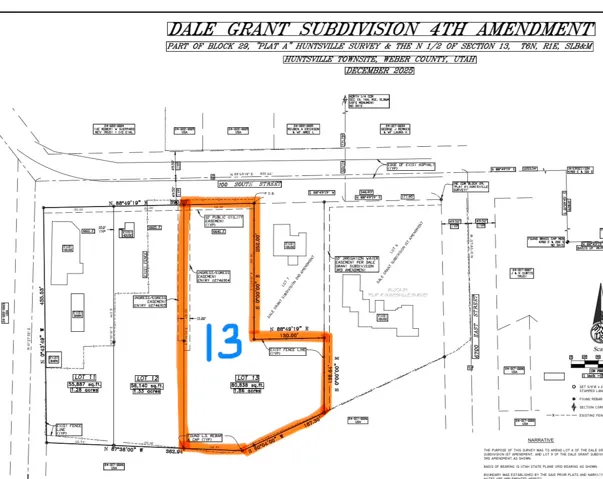 Dale Grant Subdivision Plat Amendment #4 (approved June 2026).  Lot #13 is 1.86 acres with 130 ft roadside frontage access and 276 ft of beach front access just 50-yards away