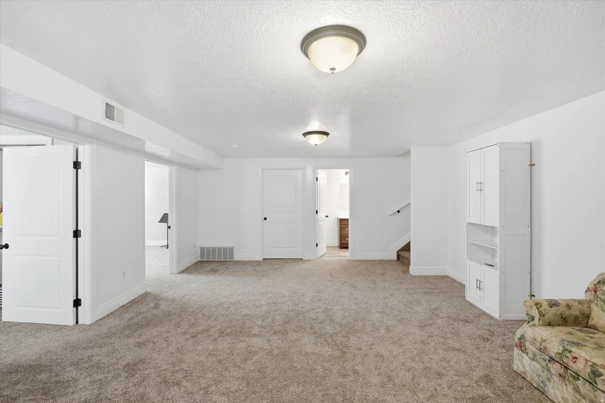Expansive carpeted room featuring white walls, white trim, and two paneled doors with black hardware