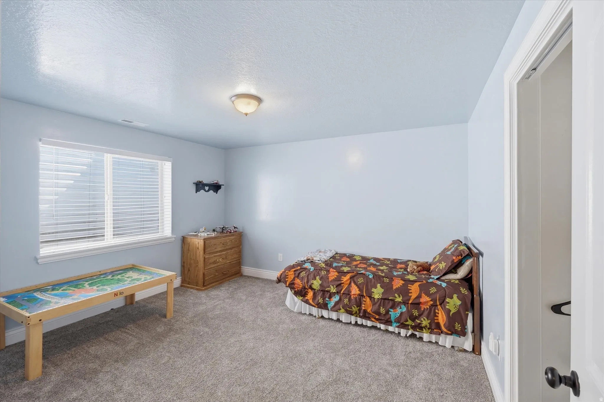 Carpeted room featuring light blue walls, a double window with blinds, and a flush mount ceiling light fixture