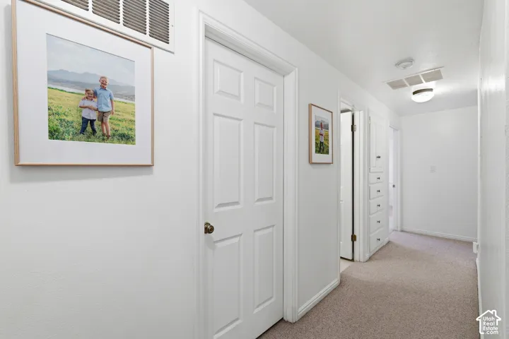 Hallway featuring light-toned carpeting, white painted walls, and multiple paneled doors