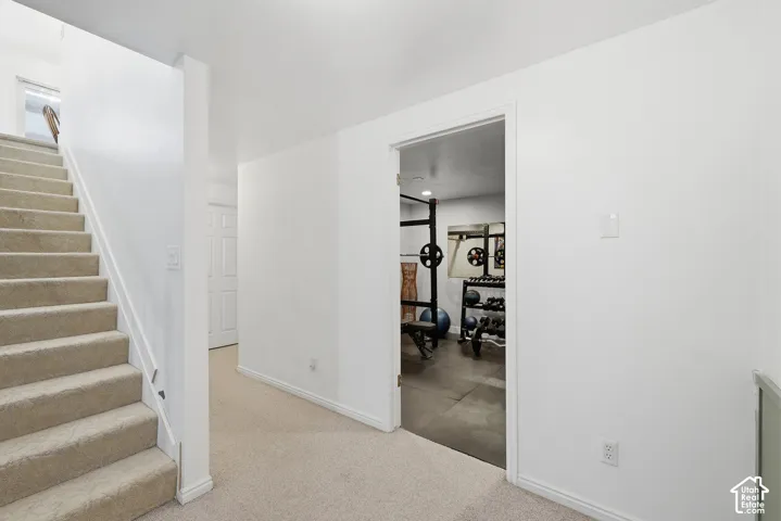 Carpeted staircase leading to an upper level with an adjacent doorway revealing a dedicated workout space