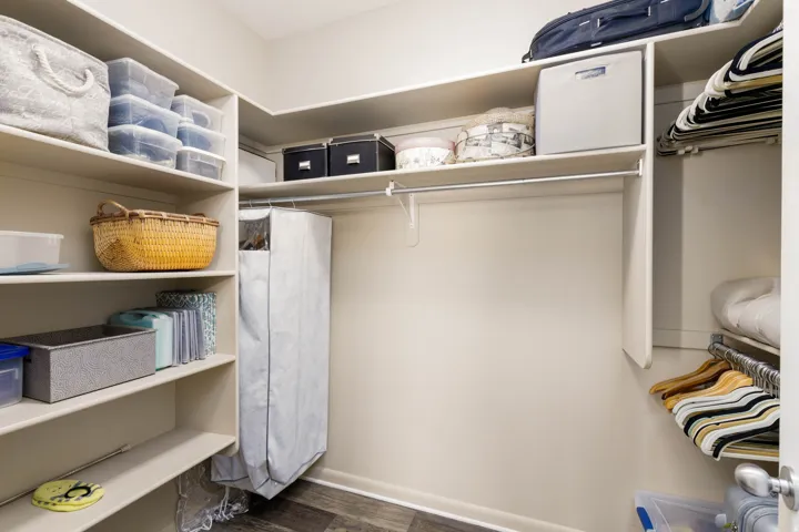 Walk-in closet featuring extensive built-in shelving, multiple hanging rods, and wood-finish flooring