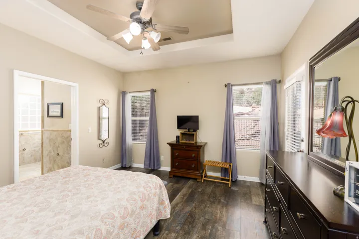 Spacious bedroom featuring wood-finish flooring, a tray ceiling, and a ceiling fan