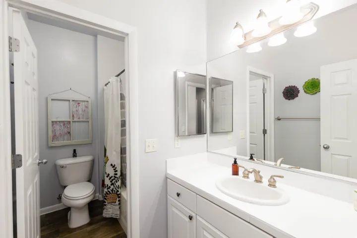 Bathroom vanity featuring an integrated oval sink, brushed nickel faucet, and a large wall-mounted mirror