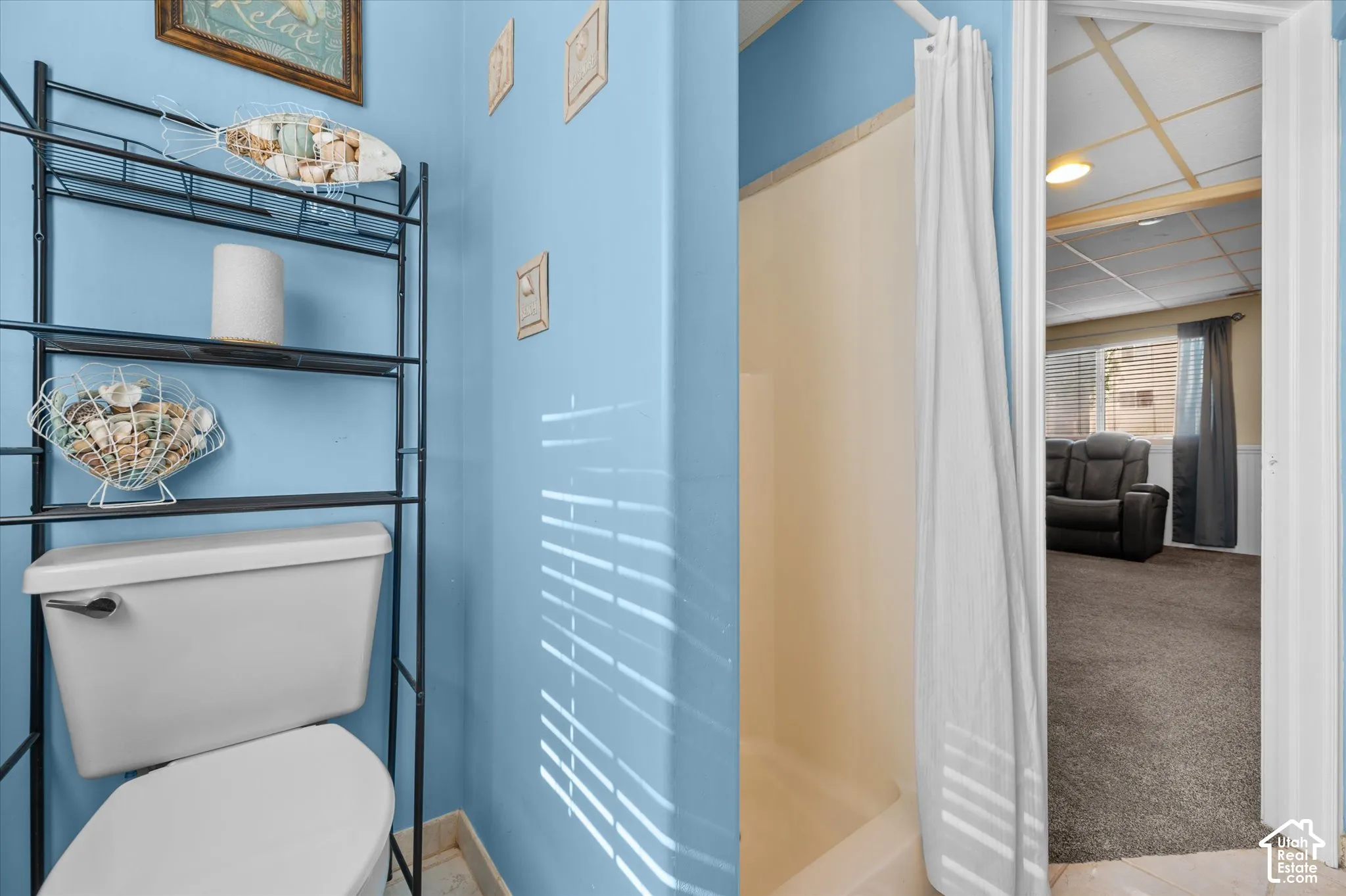 Bathroom with light blue walls and a white toilet