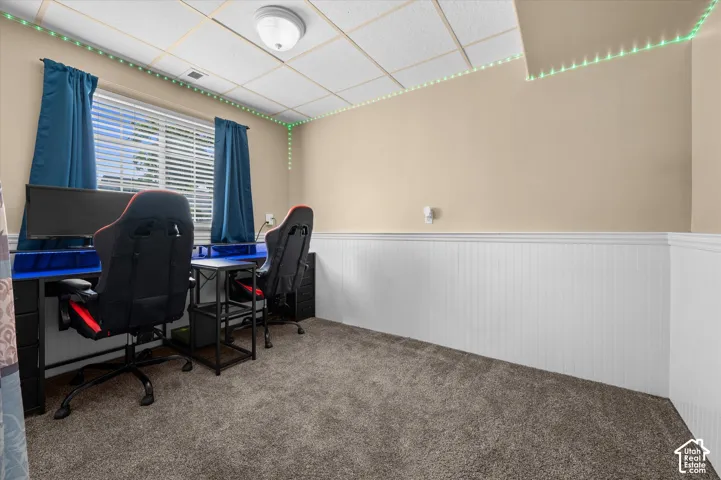 Carpeted room featuring a window with horizontal blinds, a drop ceiling, and wainscoting along the walls