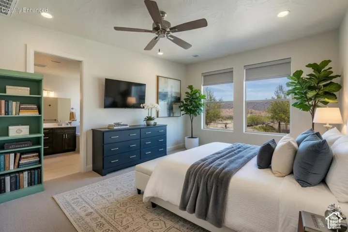 Bedroom featuring a ceiling fan, recessed lighting, and large windows with roller shades Virtually Enhanced