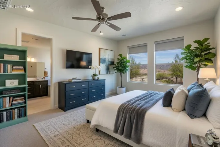 Bedroom featuring a ceiling fan, recessed lighting, and large windows with roller shades Virtually Enhanced