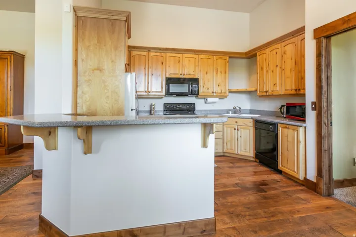 Kitchen featuring knotty pine cabinetry, light-toned granite countertops, a black dishwasher, and black range with microwave overhead