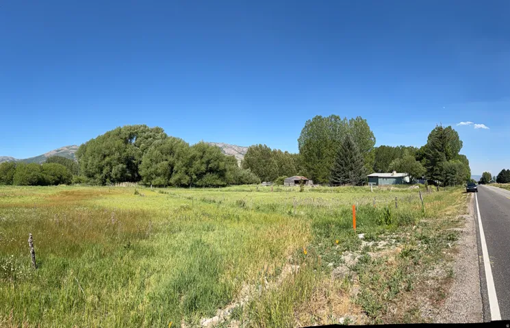 Expansive green field featuring mature trees, a single-story residence with a light-colored exterior, and an additional outbuilding