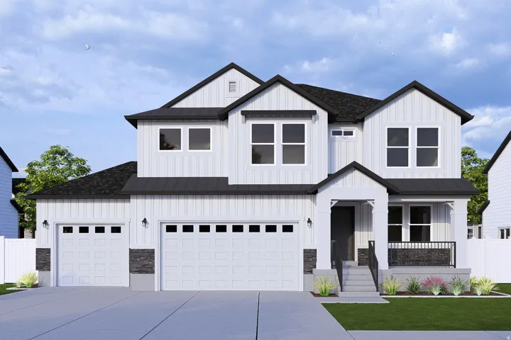 White vertical siding exterior with contrasting dark shingles