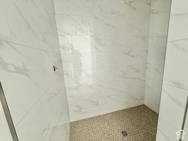 Shower enclosure featuring white marble-look subway tile walls and hexagonal mosaic floor tile