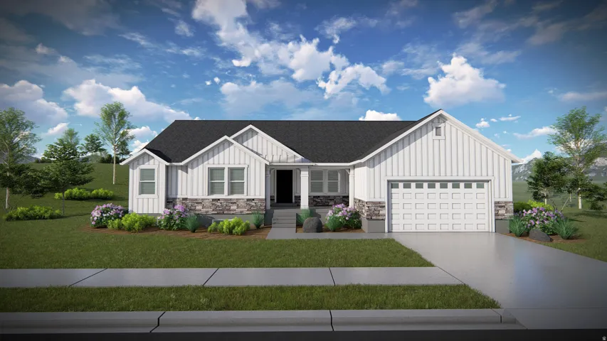Ranch-style residence featuring a combination of white board-and-batten siding and stone veneer