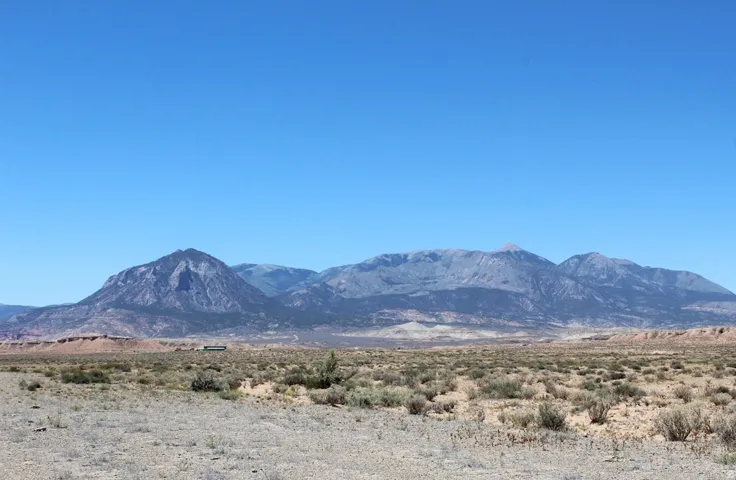 Expansive arid landscape featuring scattered brush and distant mountain ranges under a clear sky