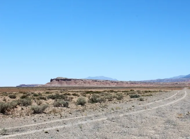 Expansive desert landscape featuring a dirt track, sparse vegetation, and distant mesas under a clear sky