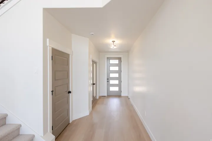 Entryway featuring light wood-finish flooring, a modern panel door with frosted glass inserts, and a semi-flush mount ceiling light