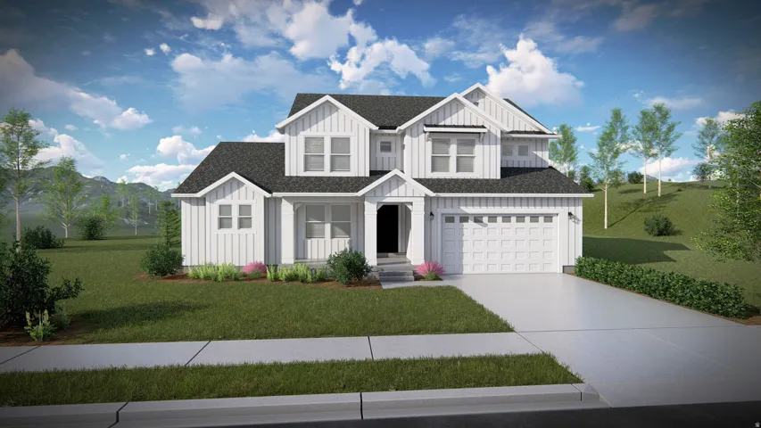 Contemporary two-story residence featuring white board and batten siding, dark shingle roofing, and multiple gables