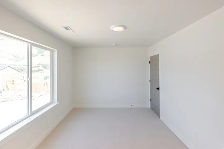 Spacious room featuring light-toned carpeting, white painted walls, and a large window