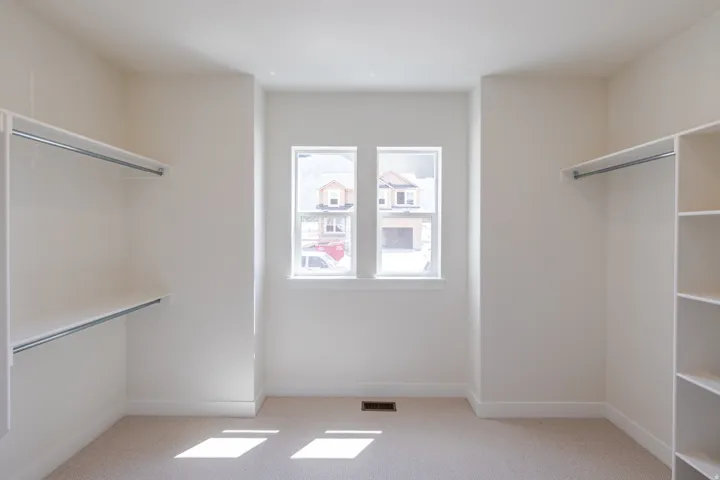 Walk-in closet with dual windows and neutral carpeting