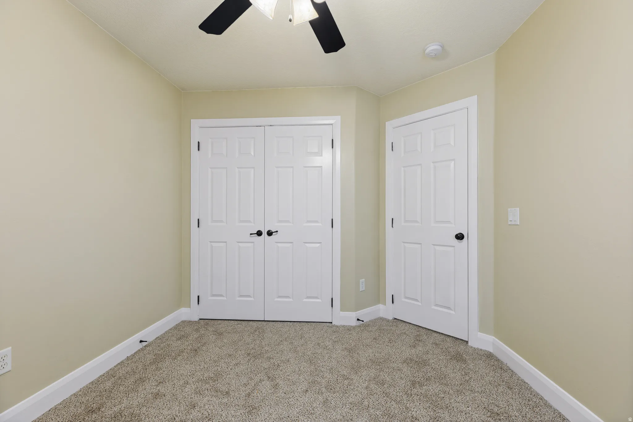 Room featuring neutral-toned walls, plush carpet flooring, and crisp white trim