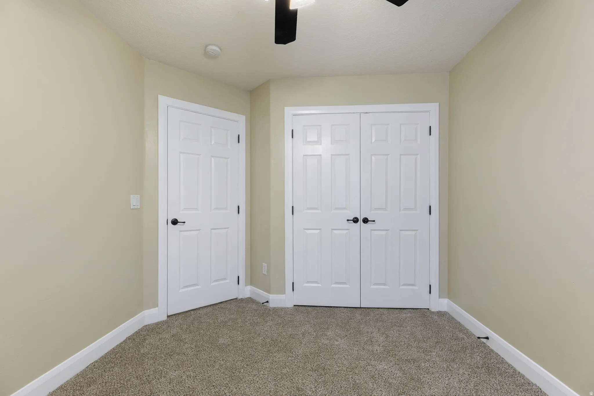 Neutral-toned walls complement the textured carpeting