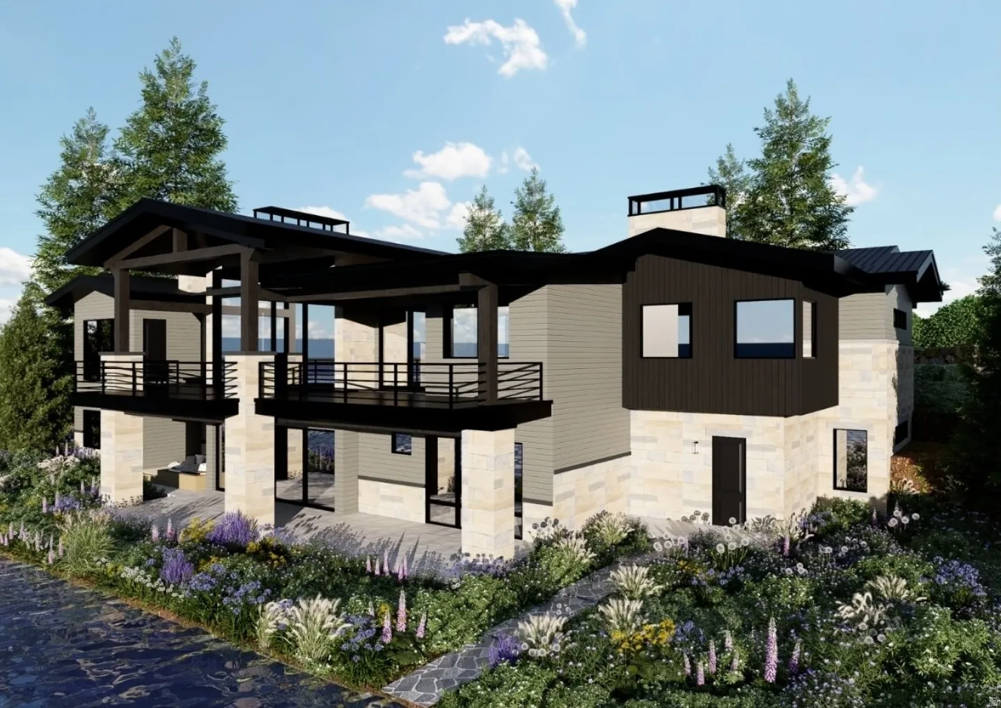 Contemporary multi-level residence featuring expansive balconies with black railings, a stone and dark siding exterior, and large windows