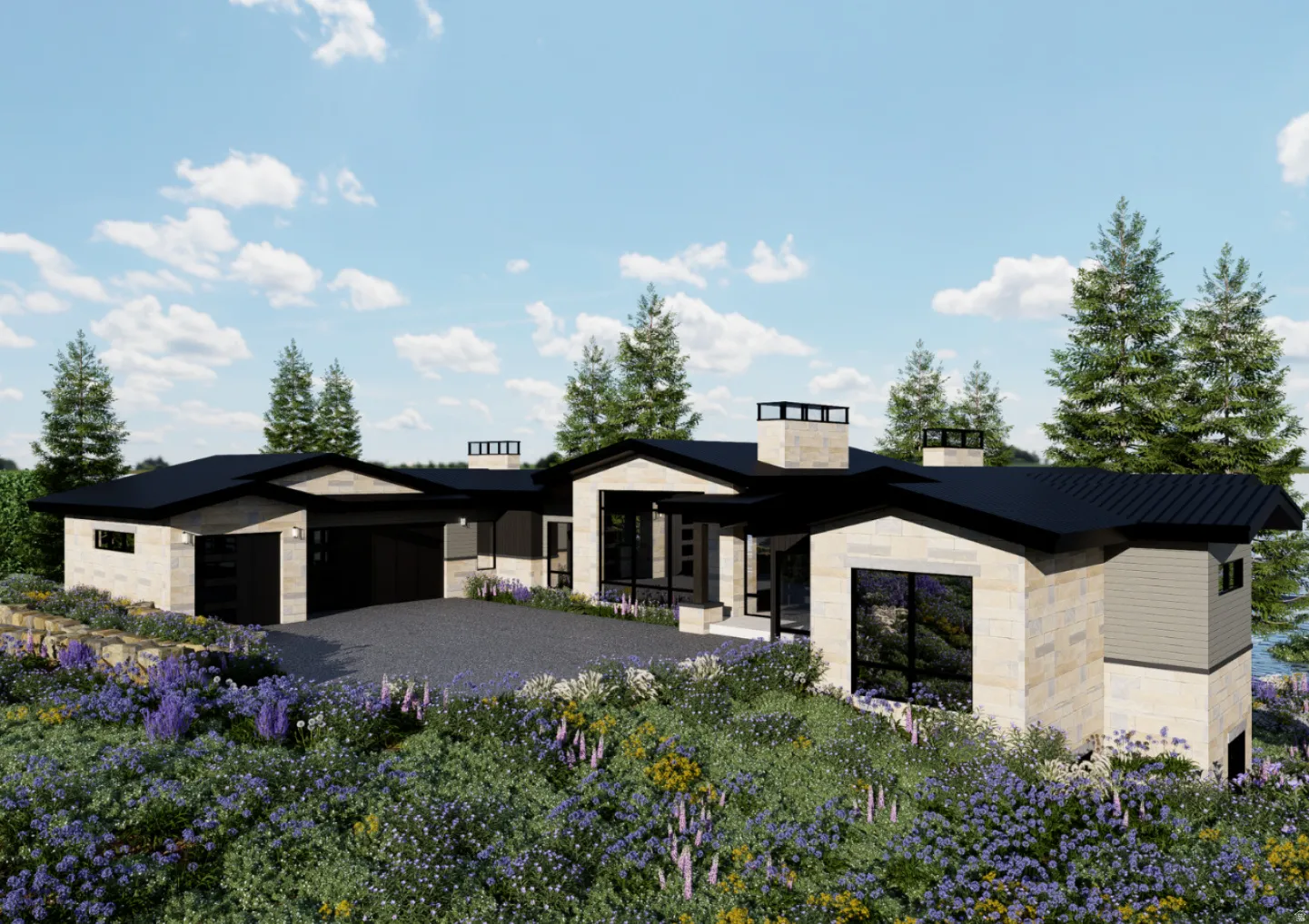 Modern architectural exterior with a stone and siding facade, black-framed windows, dark roofing, and an integrated two-car garage