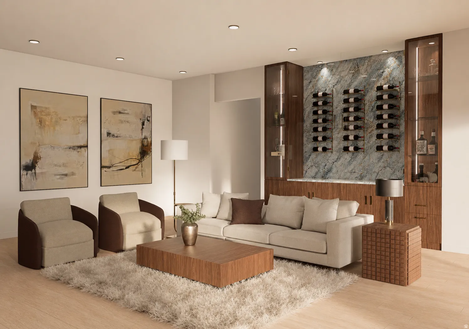 Integrated custom wine display with stone accent wall and built-in cabinetry