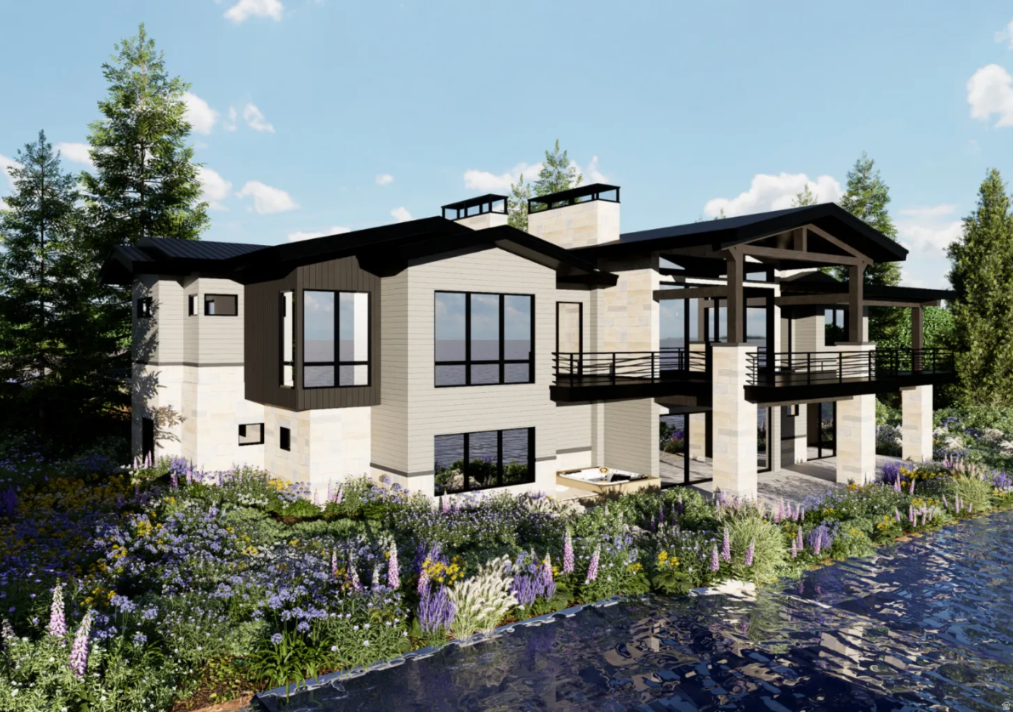 Contemporary residence featuring a multi-level design with extensive glass windows, a large covered balcony with exposed beams, and a ground-level patio with an integrated spa