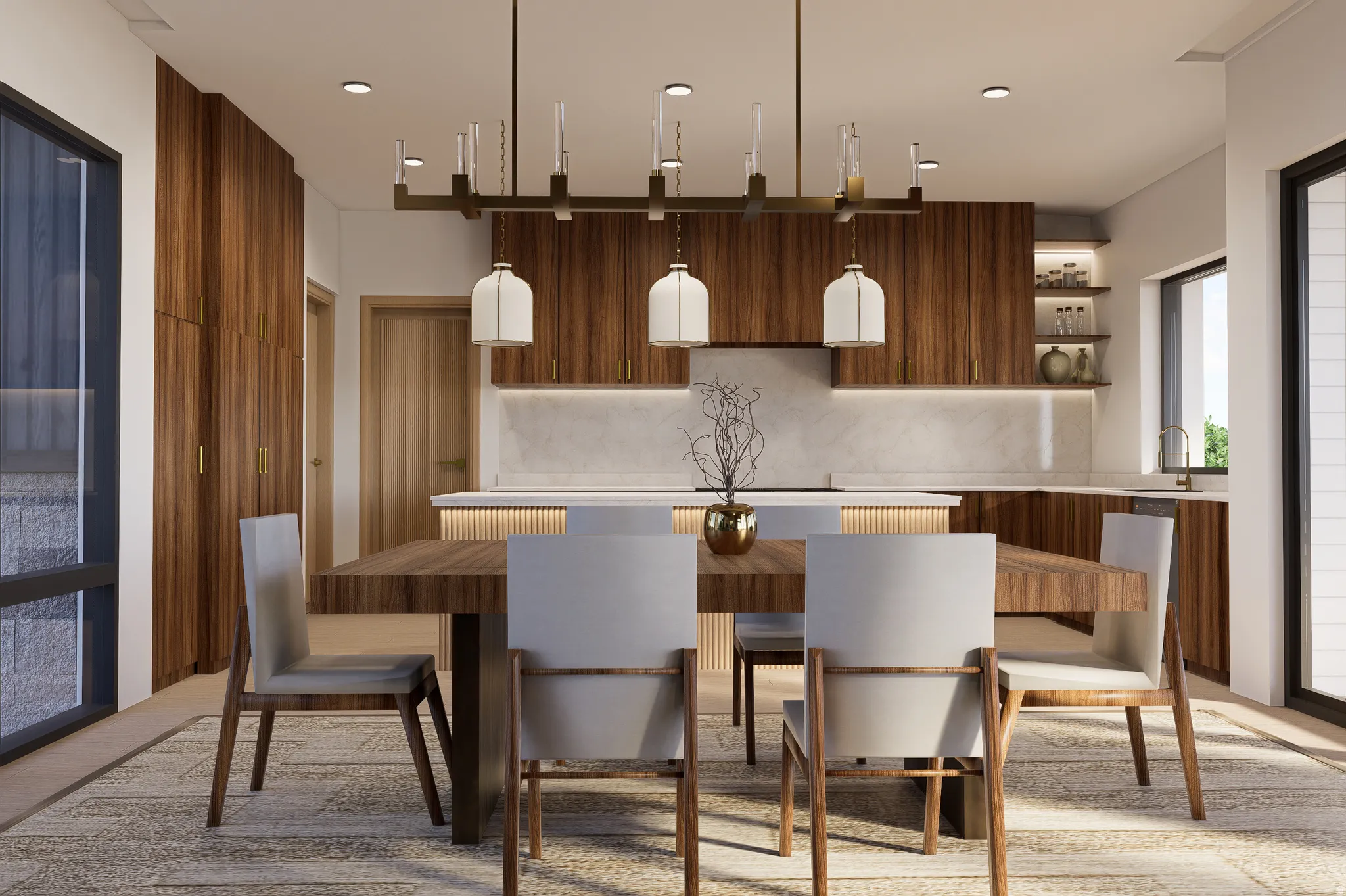 Open-concept dining and kitchen space featuring a long wooden dining table, a linear chandelier with pendant lights, recessed lighting, and large windows