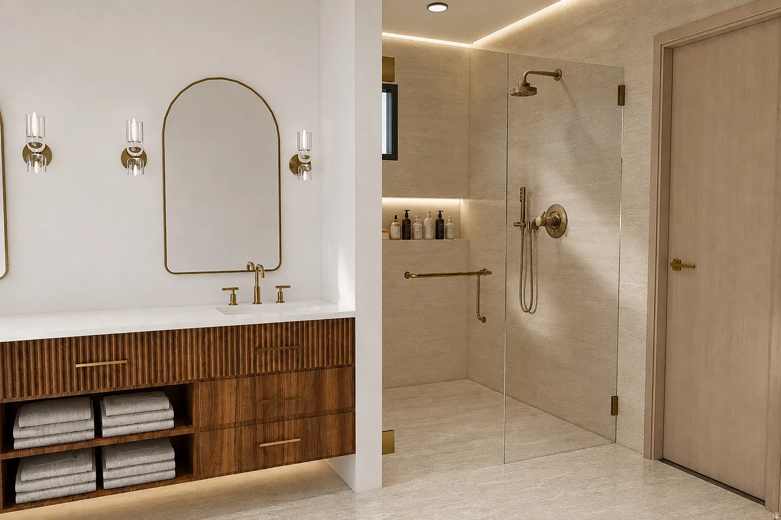 Modern bathroom featuring a wood-finish vanity with reeded paneling, a white countertop, and brass fixtures