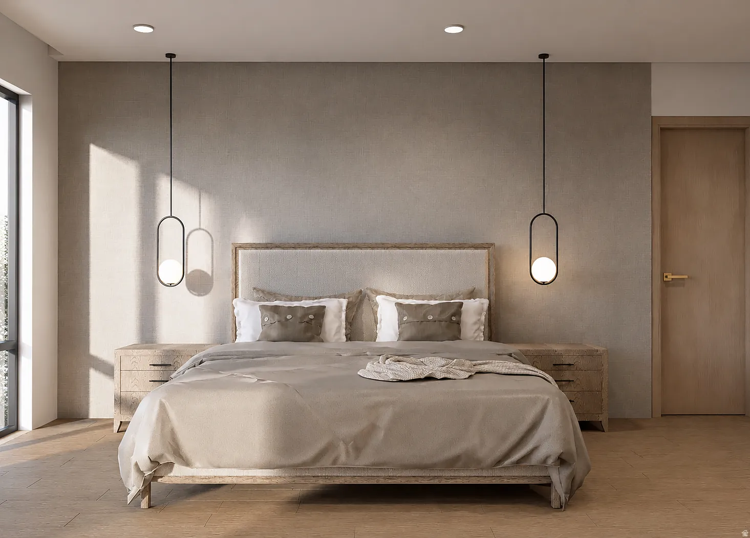 Spacious room featuring a large window, recessed ceiling lighting, and two pendant light fixtures