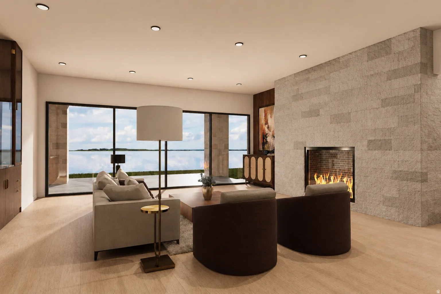 Spacious living area featuring expansive glass sliding doors, a built-in linear fireplace with a stacked stone surround, recessed ceiling lighting, and wood-finish flooring