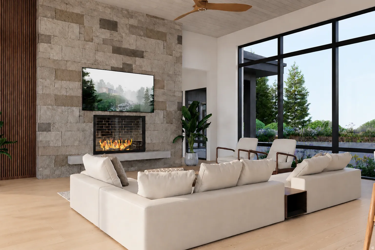 Stone accent wall featuring a built-in fireplace with a hearth, wood-finish flooring, and expansive windows