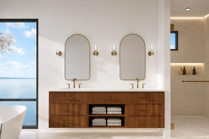 Dual vanity featuring a wood-finish cabinet with fluted details and open shelving, topped with a white countertop and two vessel sinks