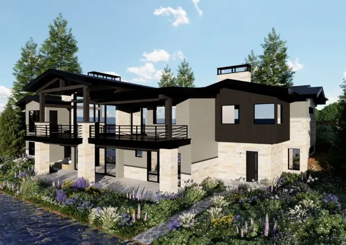 Contemporary multi-level residence featuring expansive balconies with black railings, a stone and dark siding exterior, and large windows