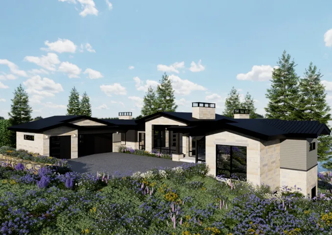Modern architectural exterior with a stone and siding facade, black-framed windows, dark roofing, and an integrated two-car garage