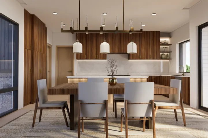 Open-concept dining and kitchen space featuring a long wooden dining table, a linear chandelier with pendant lights, recessed lighting, and large windows